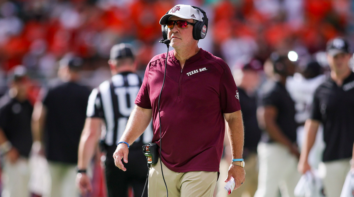 Texas A&M’s Jimbo Fisher looks on from the sideline vs. Miami.